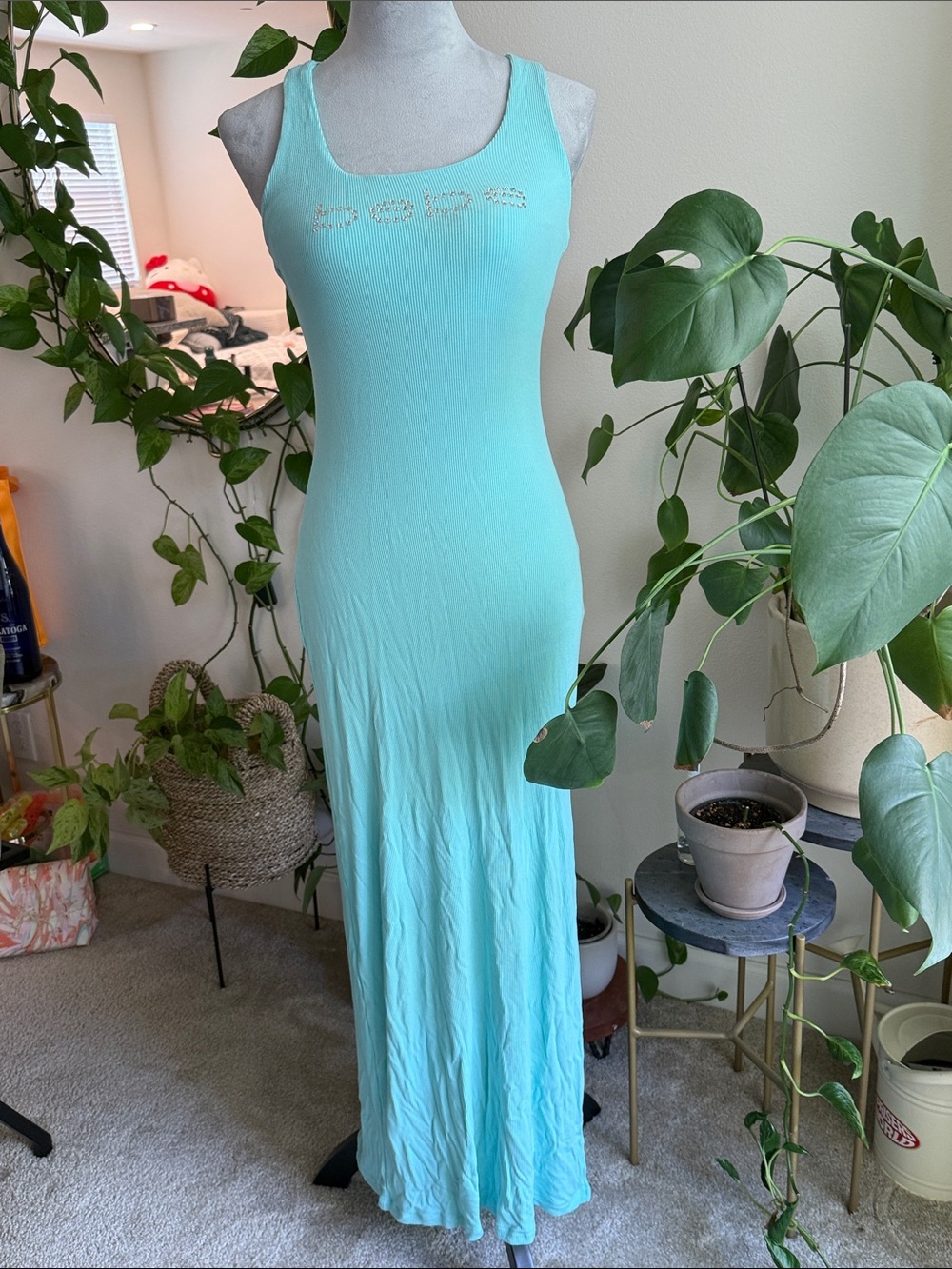 bebe Aqua Blue Maxi Tank Dress with Embellished Logo